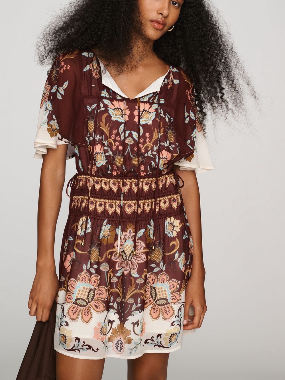 Bohemian Floral Smocked-Waist Mini Dress - Brown